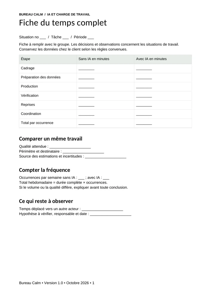 Fiche du temps complet avec les étapes de cadrage, production, vérification et reprises
